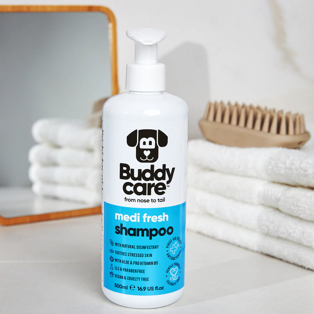 Buddycare Medi Fresh Dog Shampoo – gentle, soothing shampoo for sensitive skin with tea tree, aloe, and essential oils.
