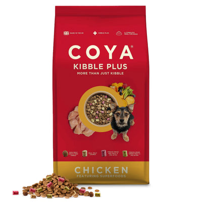 Red bag of Coya Kibble Plus dog food with a dog illustration on a white background