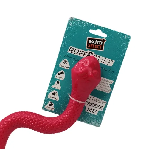 Pink dog toy with packaging labeled 'Extra Select Ruff Stuff' on a white background