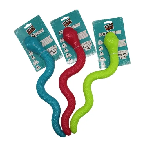 Extra Select Ruff & Tuff Snake Dog Toy Three colorful dog toys (blue, red, green) with packaging on a white background