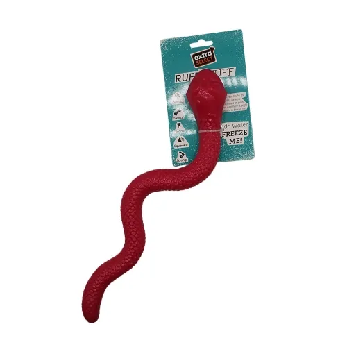 Red dog toy shaped like a snake with packaging on a white background