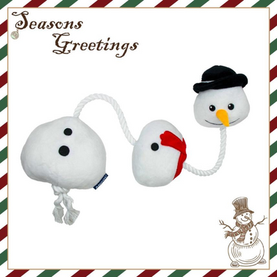 Plush dog toy resembling a snowman with a red scarf and a top hat, designed for the Christmas season. Ancol Seb The Ropey Snowman – festive plush and rope Christmas dog toy for cuddling and gentle tug play
