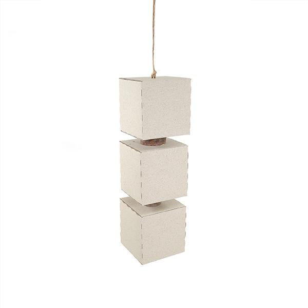 Set of three beige square lanterns stacked vertically on a white background