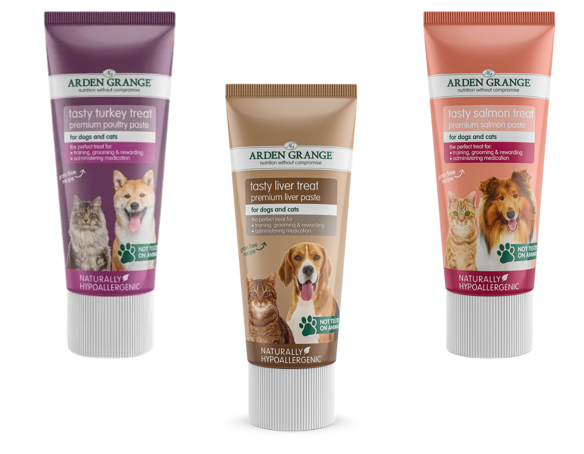 Three Arden Grange pet treats with 'Amy's Pet Supplies' branding on a white background.