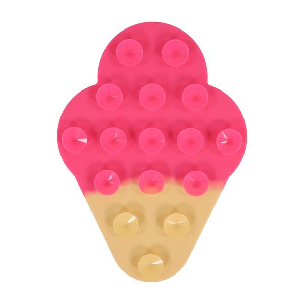 Pink and yellow ice cream-shaped toy with bubble texture on a white background
