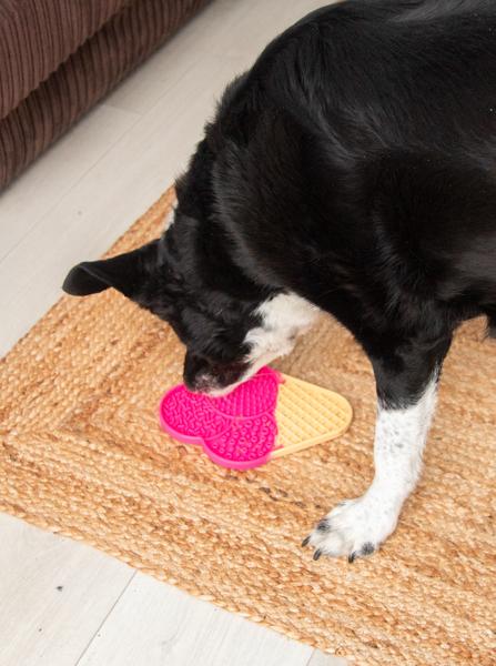Dog interacting with a pink and yellow toy on a textured rug