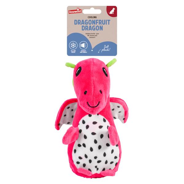 Pink dragon-shaped toy with black spots on a white background, featuring a 'Rosewood' brand label.
