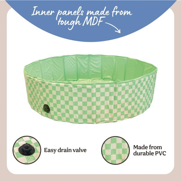 Green checkered pet pool with text about material and features on a beige background