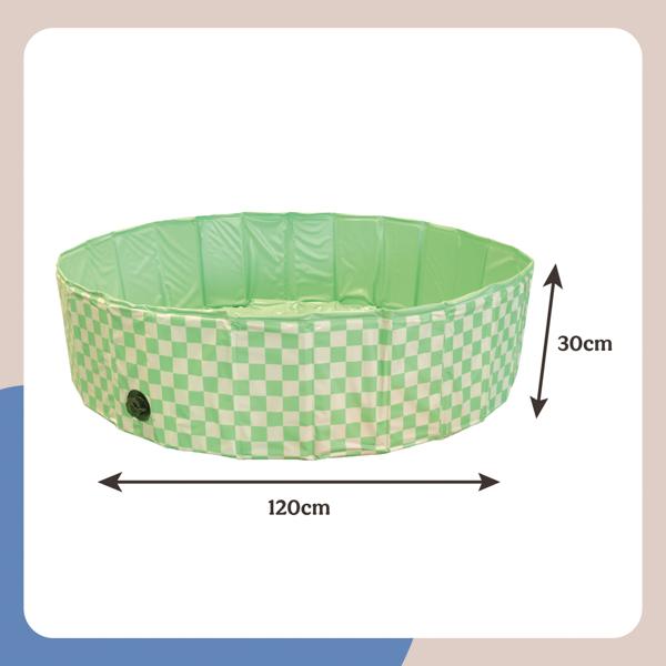 Green checkered inflatable pool with dimensions on a white background