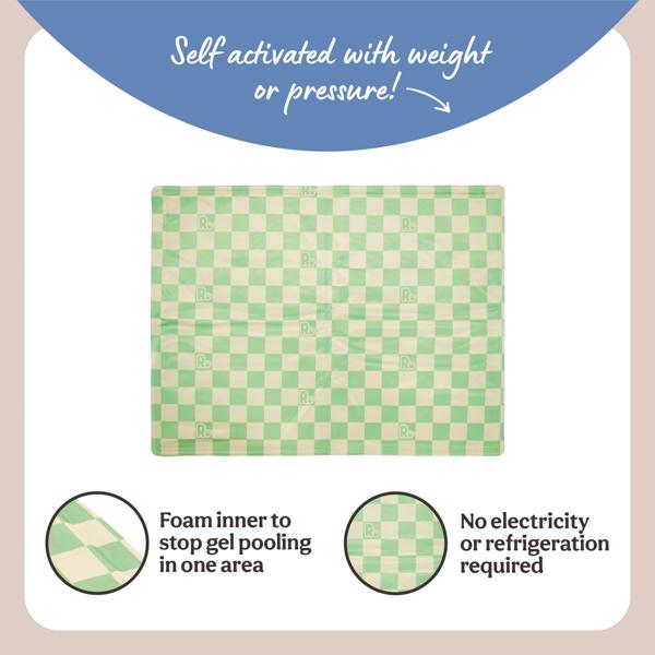 Checkered mat with green and beige pattern on a white background