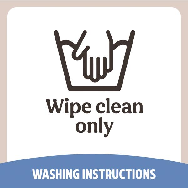 Washing instructions label with hands wiping a surface and text 'Wipe clean only'.