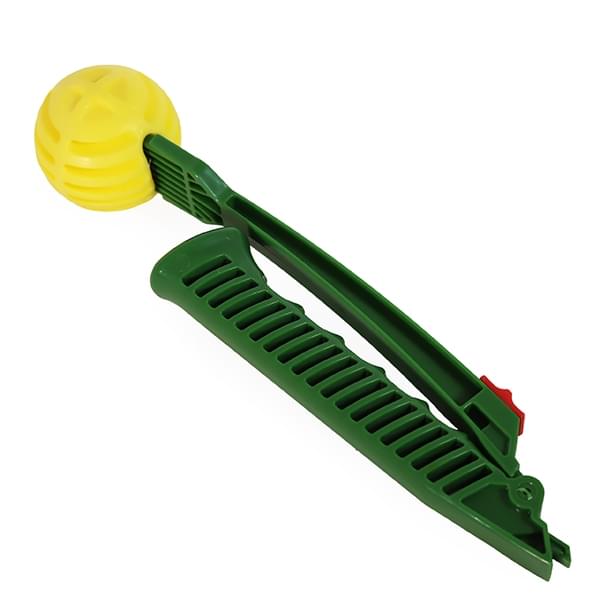 Rosewood Flingerz green launcher holding a yellow fetch ball