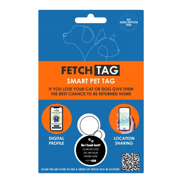 Fetch Tag smart pet tag packaging with blue and orange design on a white background