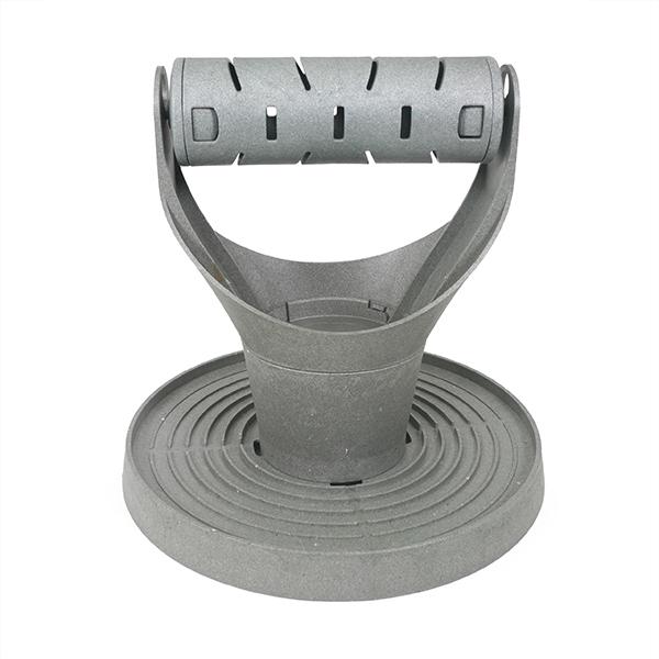 Gray plastic Chicken Enrichment feeder with a handle and circular base on a white background