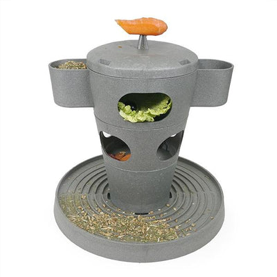 Gray pet feeder with compartments for food and treats on a white background