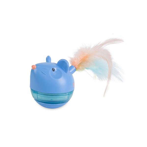 Blue mouse-shaped cat toy with a feather on a white background