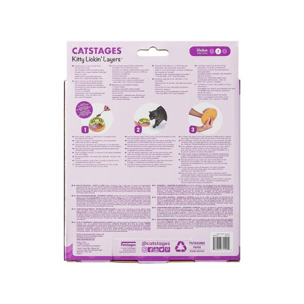 Catstages Kitty Lickin' Layers packaging with text and icons on a white background