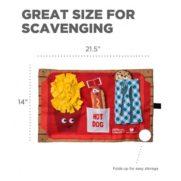 Children's play mat with food-themed items and dimensions on a white background