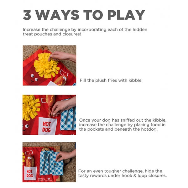 Instructions for a dog toy with plush fries and hidden treats on a white background