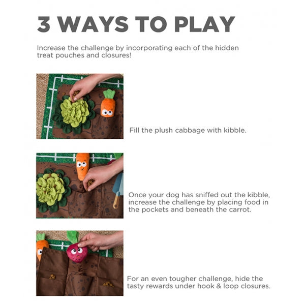Instructions on how to play with a plush toy for dogs, including filling it with kibble and hiding treats.