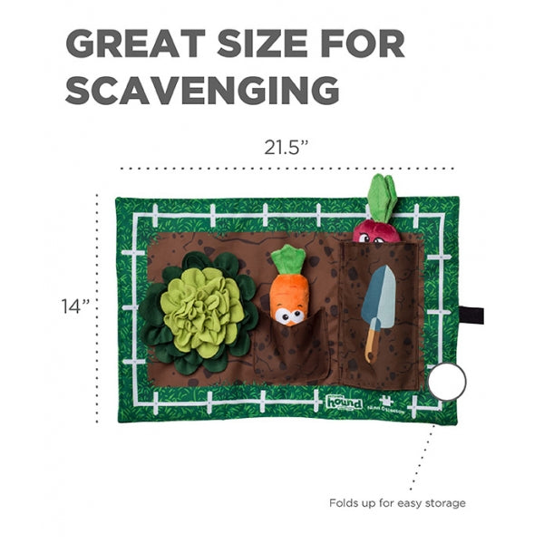 Scavenger hunt-style mat with vegetables and tools, labeled 'Great size for scavenging' with dimensions.