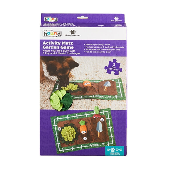 Dog activity mat packaging with illustrations of a garden game and a dog.