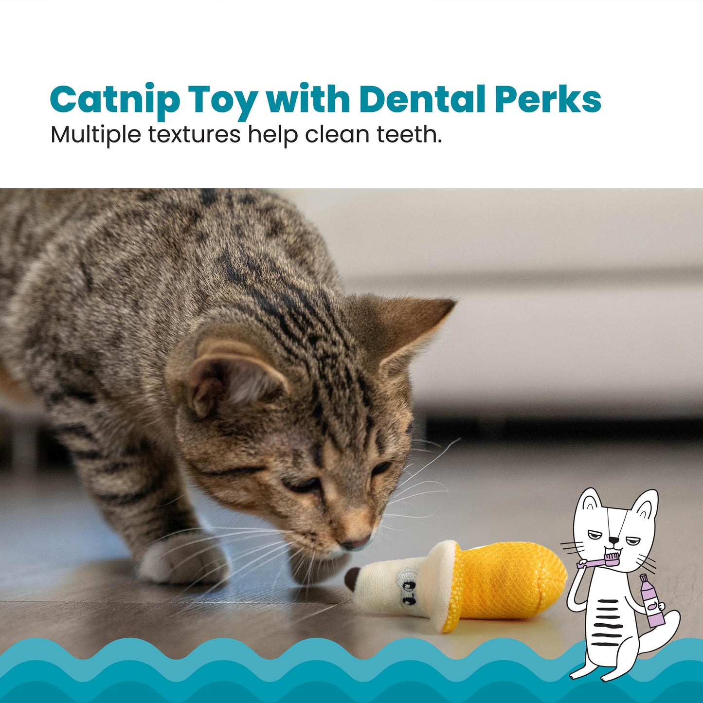 Cat playing with a catnip toy labeled 'Catnip Toy with Dental Perks' on a light background.