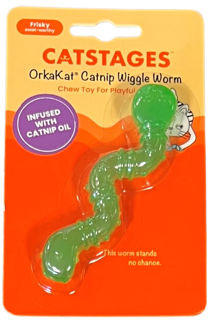 Catstages OrkaKat Catnip Wiggle Worm chew toy packaging on an orange background
