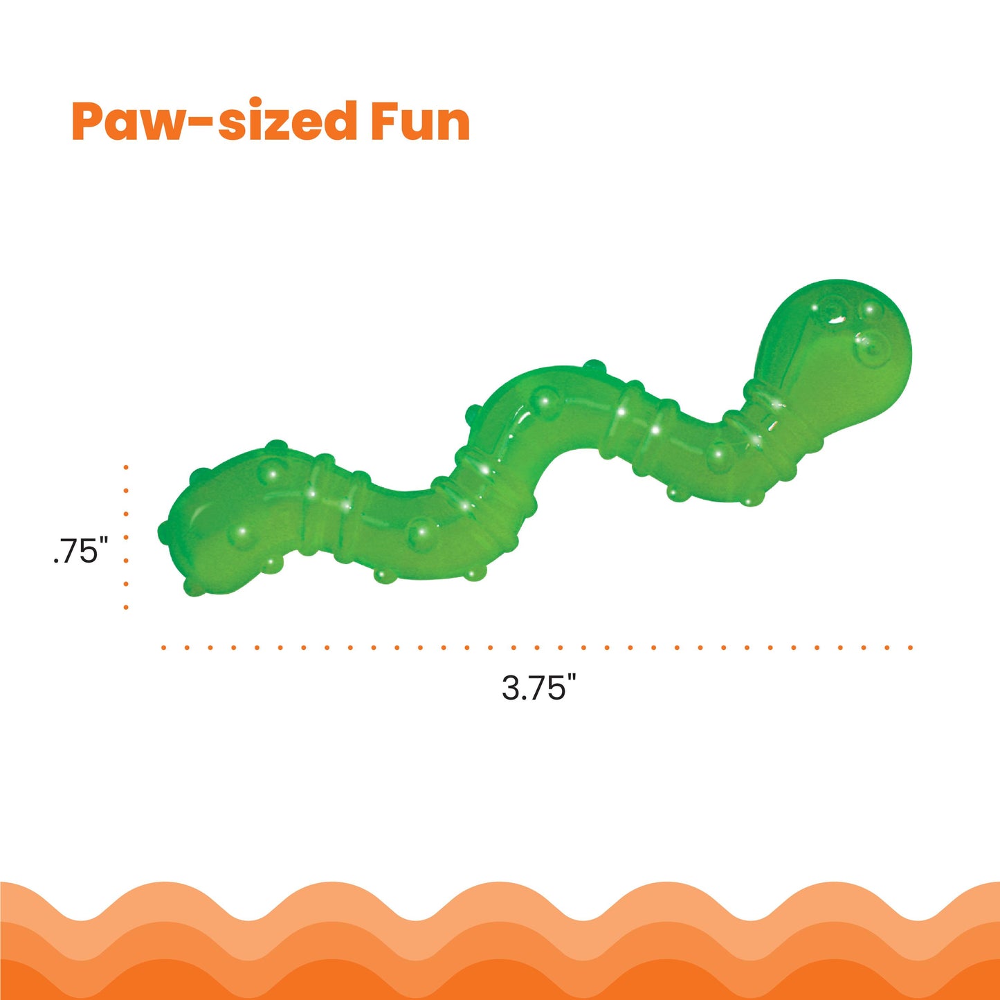 Green toy worm with measurements on a white background