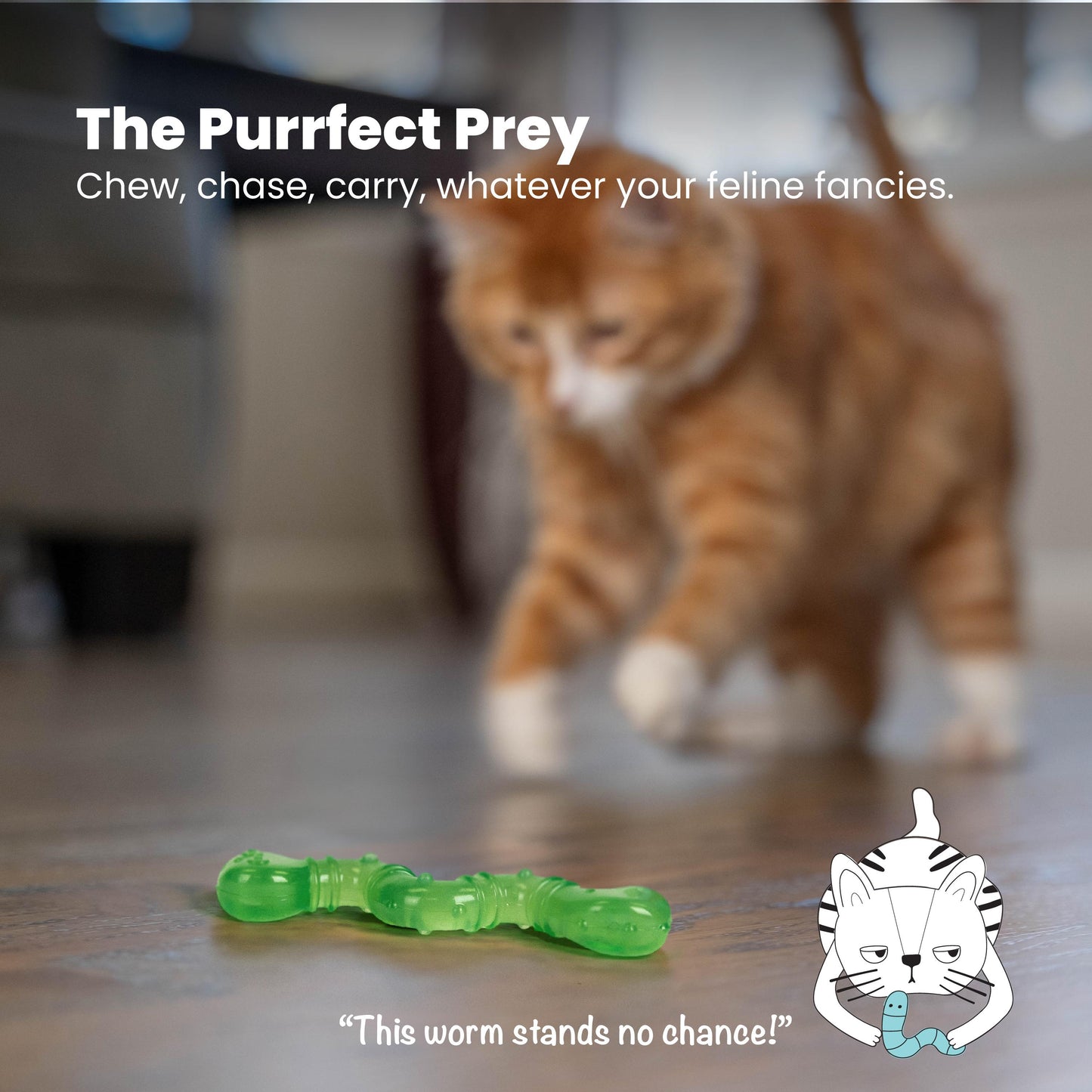 Cat playing with a green toy with text 'The Purrfect Prey' and a cat illustration.