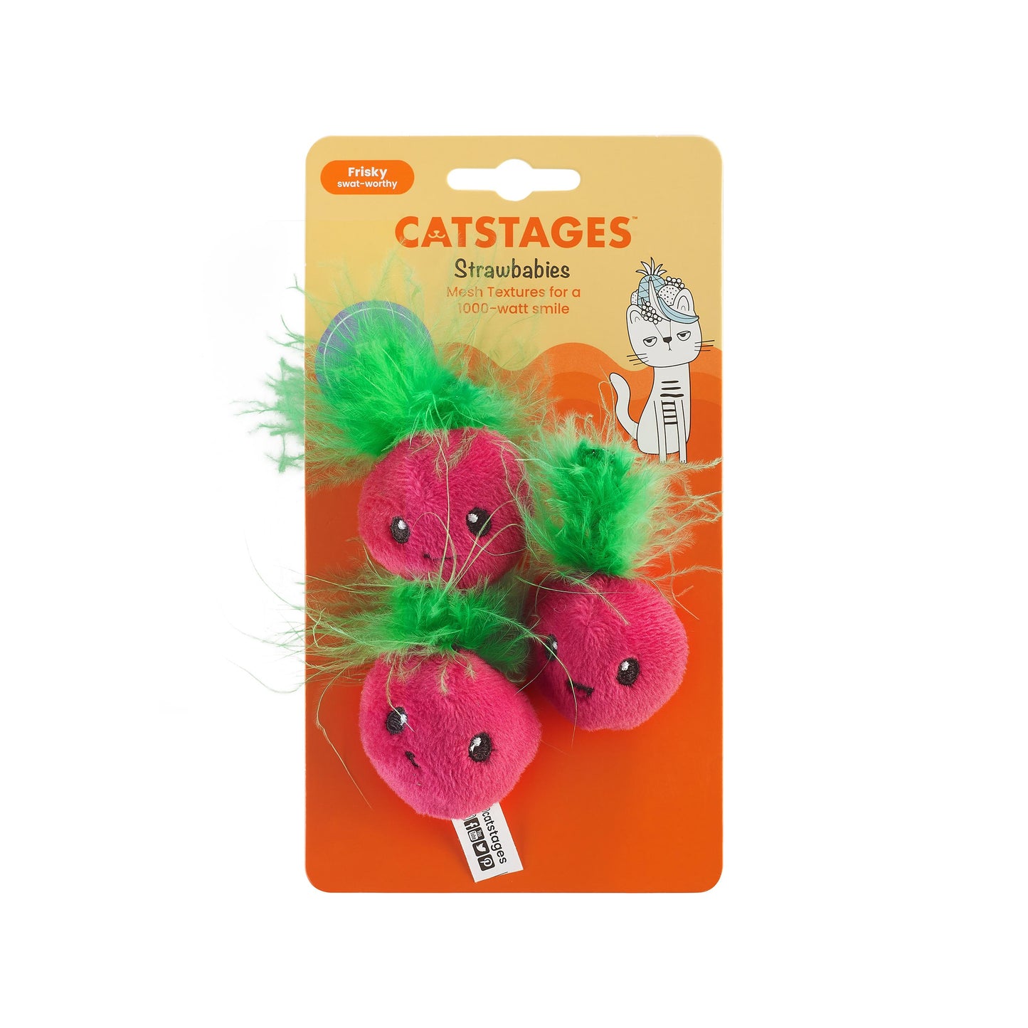 Cat toy with pink strawberries and green leaves on a 'Catstages' packaging.