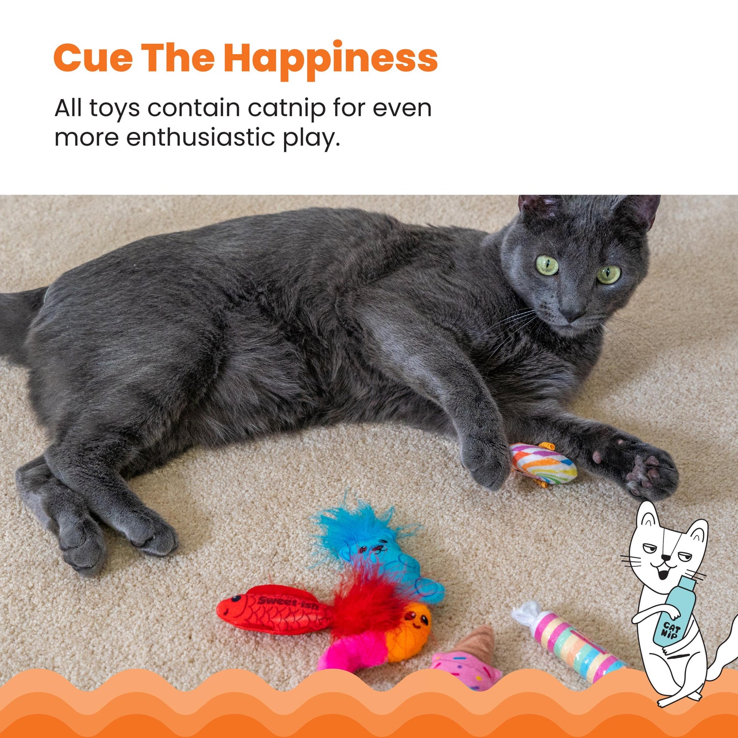 Gray cat playing with colorful cat toys on a beige carpet, with text about catnip.