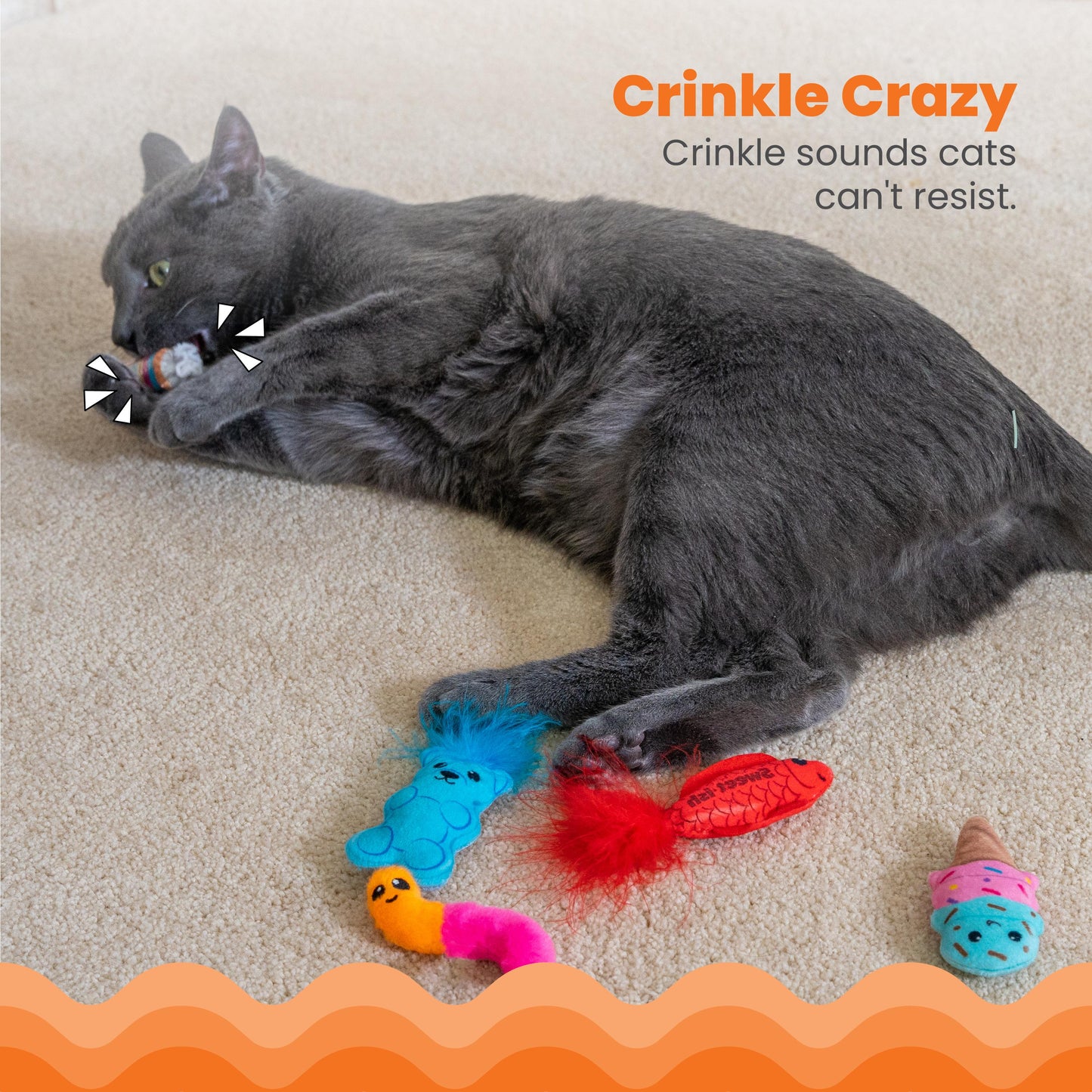Cat playing with crinkle toys on a carpeted floor, with text 'Crinkle Crazy' above.