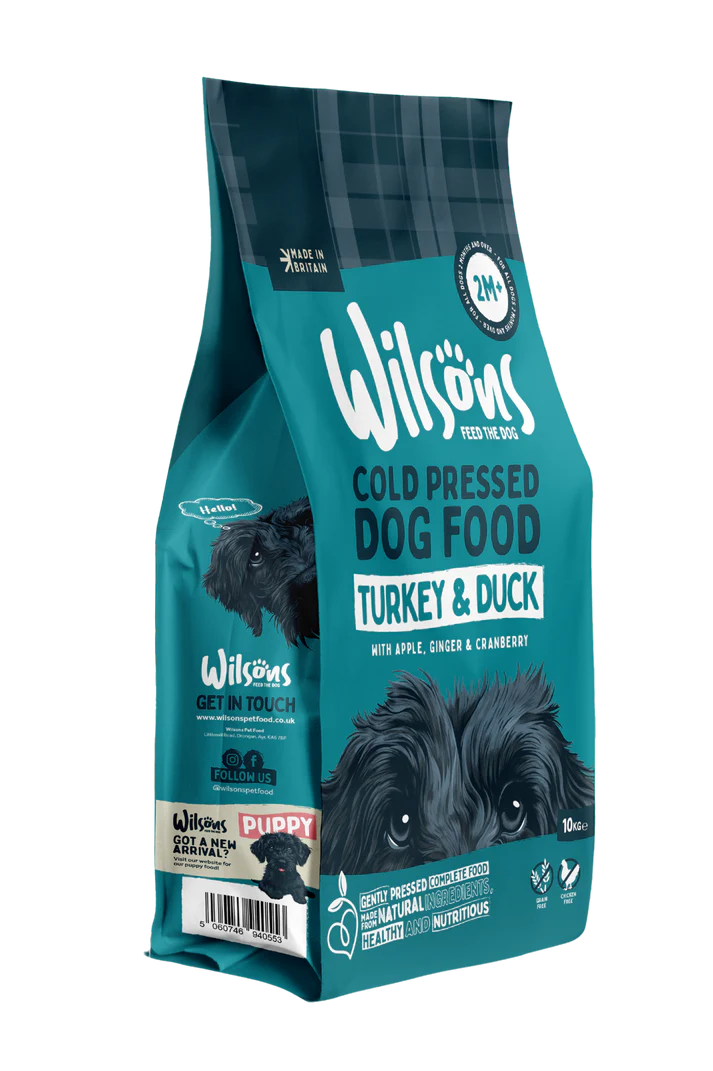 Wilson's cold pressed dog food package for puppies with turkey and duck on a white background