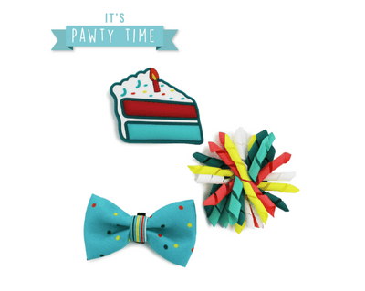Ancol birthday cake collar charm with turquoise bow tie and multicolour pom-pom