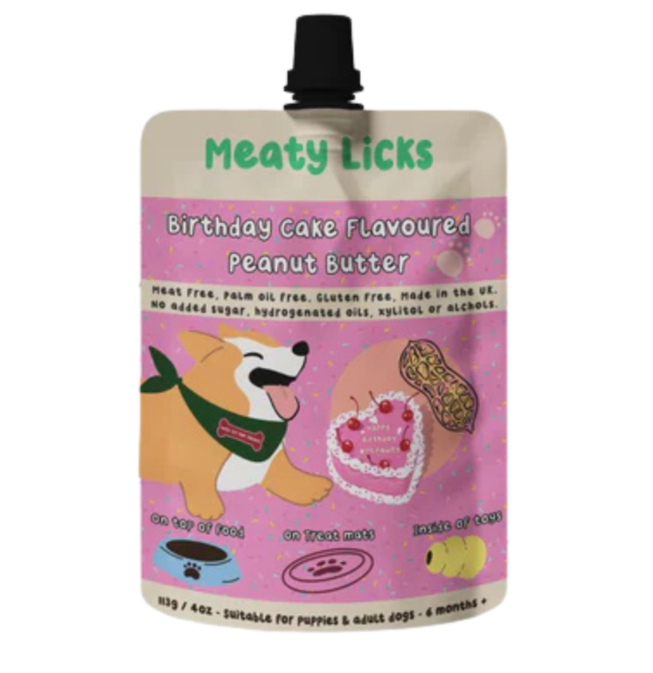 Meaty Licks Birthday Cake Peanut Butter dog treat pouch 113g – vegan and gluten-free birthday dog gift