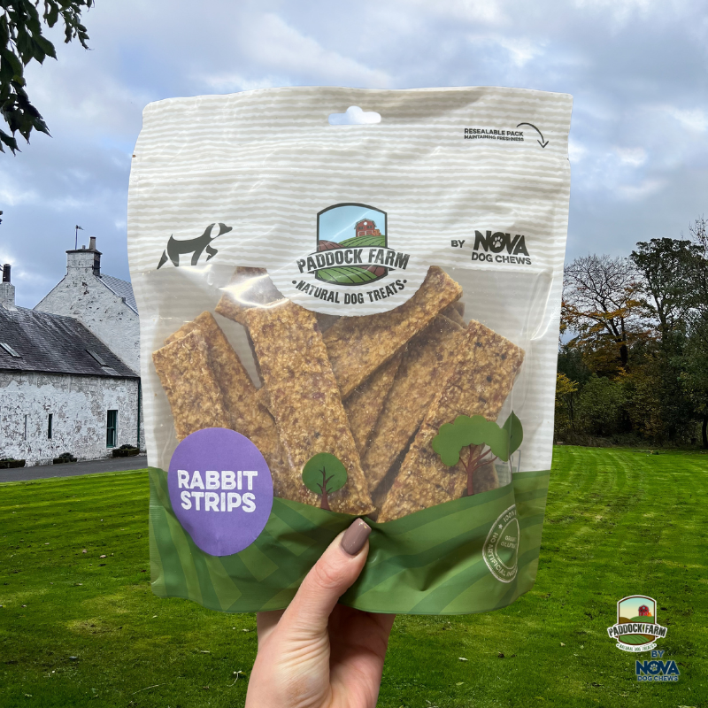 Paddock Farm Rabbit Strips dog treats in a resealable eco-style pouch, displayed on a rustic wooden slice, high-protein and grain-free rabbit chews available from Amy’s Pet Supplies.