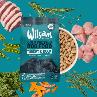 Wilson's Cold Pressed Dog Food package with ingredients on a teal background