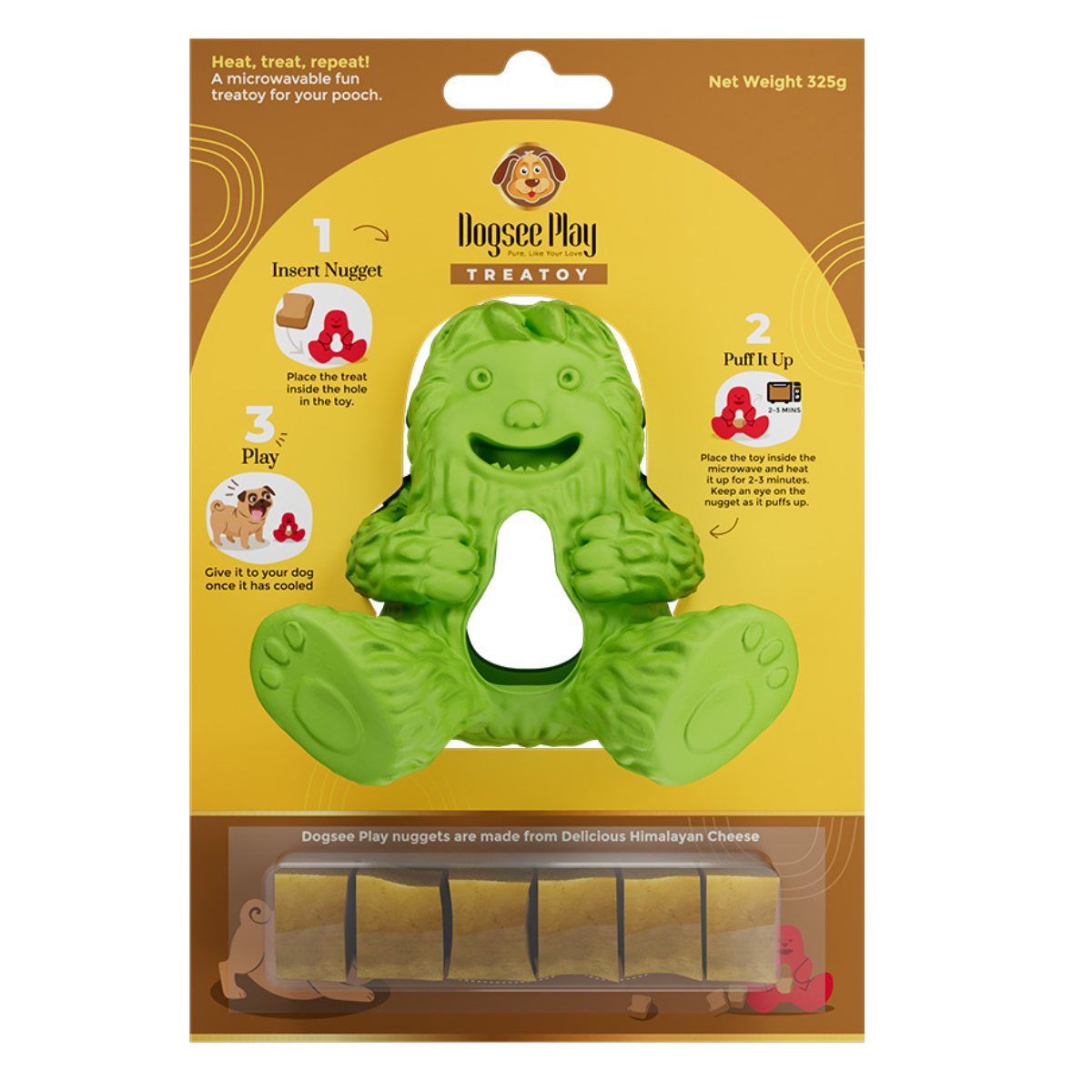 Dogsee Play Treatoy Yeti with 5 Himalayan cheese nuggets in packaging – microwaveable green dog toy that puffs up treats for interactive chewing and dental care