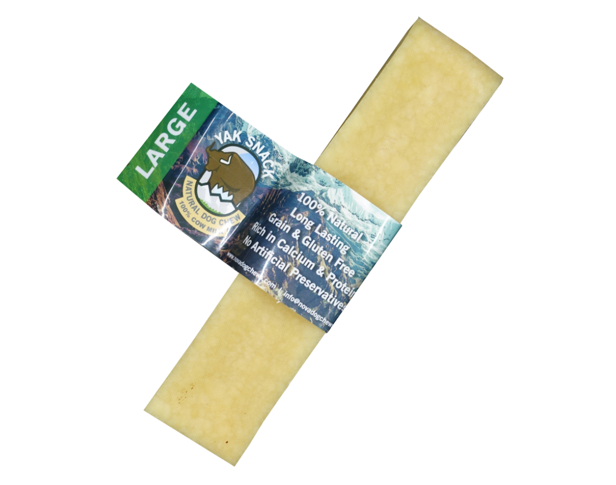 Individually wrapped Yak Snack Dog Chew Treats in various sizes, displayed on a white background.