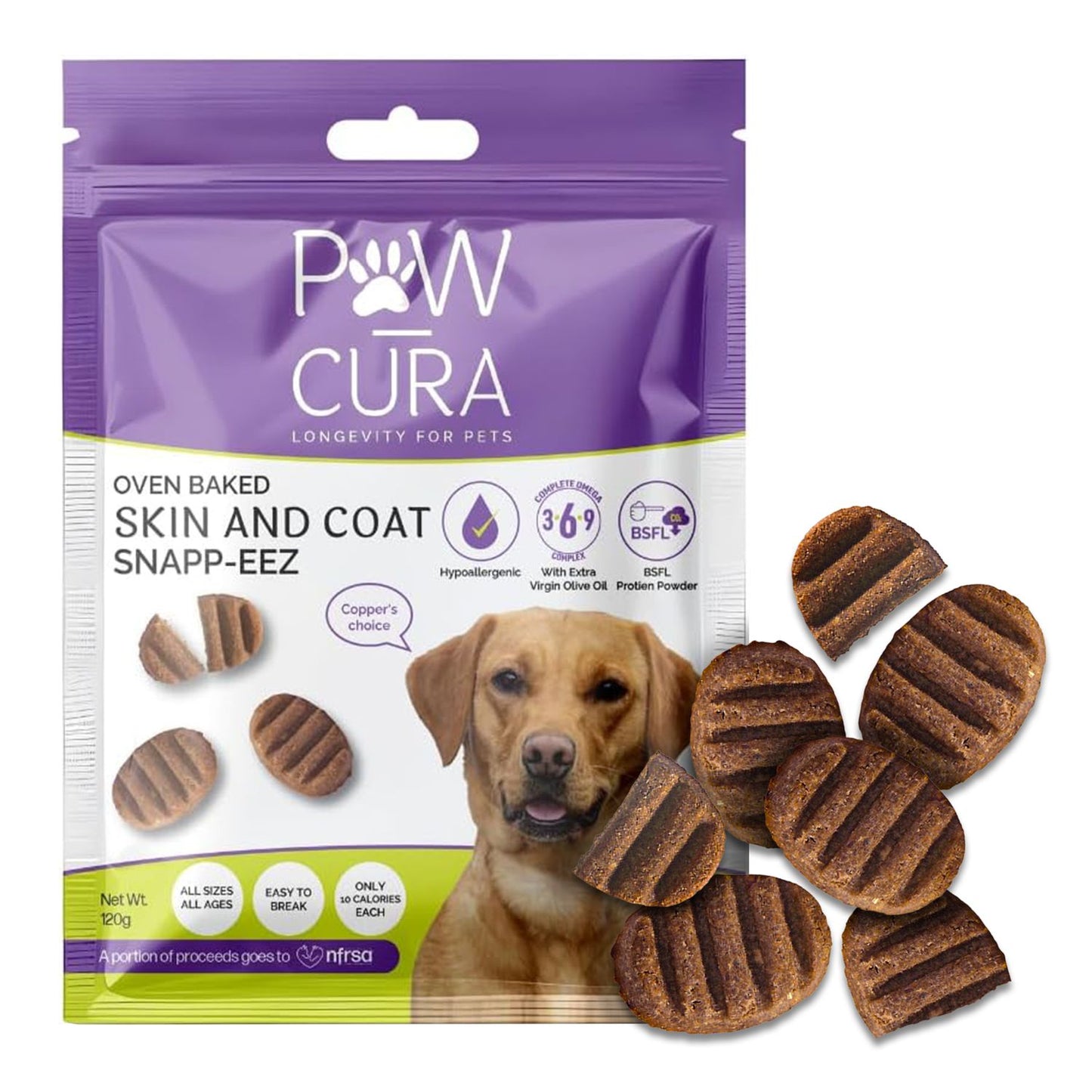 Paw Cura dog treat package with treats displayed in front