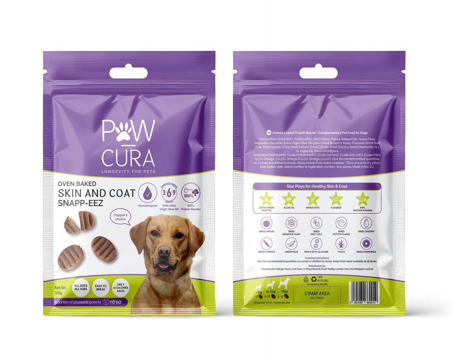 Two packages of Paw Cura dog treats with a purple and green design.