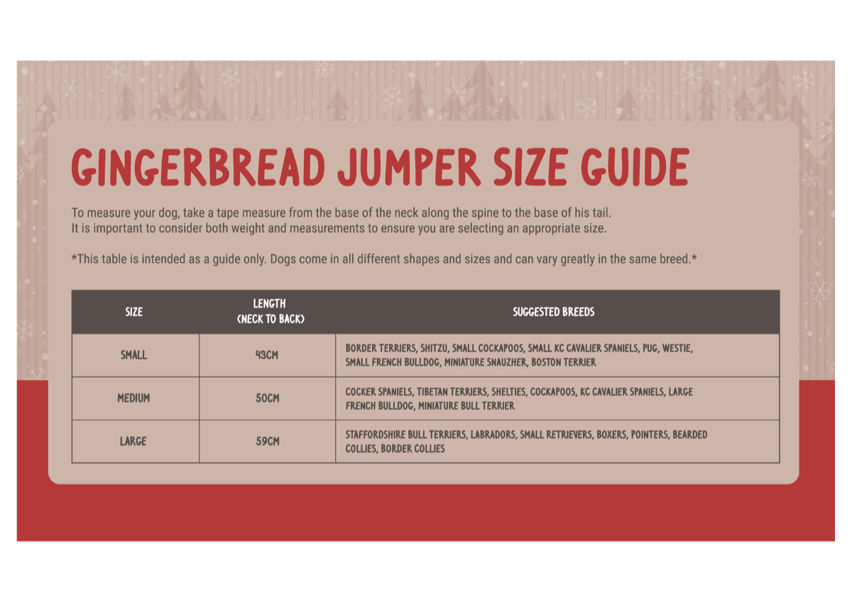 Cupid & Comet Christmas Eve Gift Box for Dogs – includes gingerbread jumper, toy, and chicken treats - Size guide