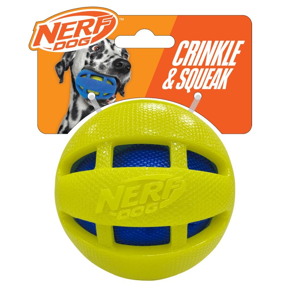 Nerf Dog Toy TPR Checker Squeak & Crunch Ball 3.8in – Blue/Green