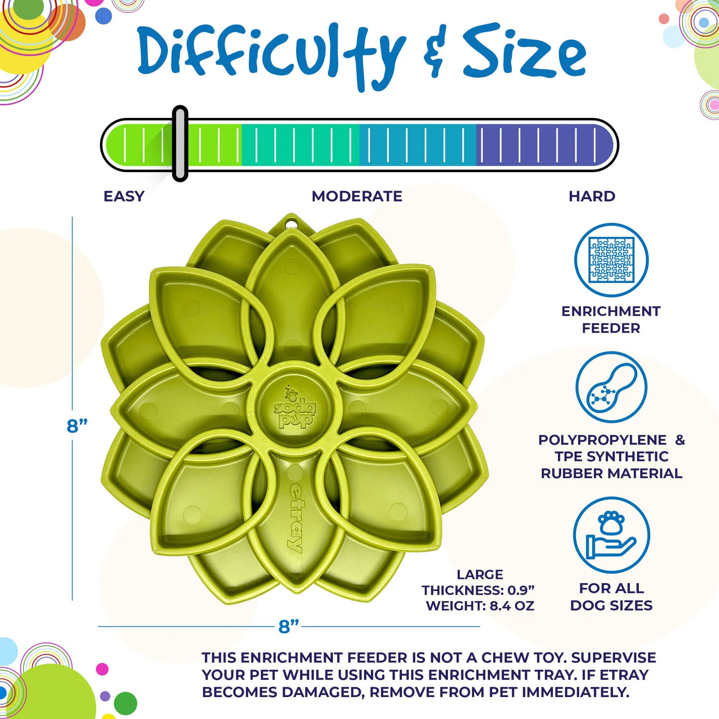 Green dog toy with text on difficulty, size, and material