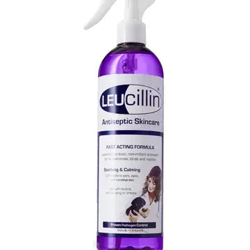 500ml bottle of Leucillin Antiseptic Skincare Spray for pets with trigger nozzle, offering fast-acting, soothing antibacterial treatment for wounds, skin irritations, and infections.