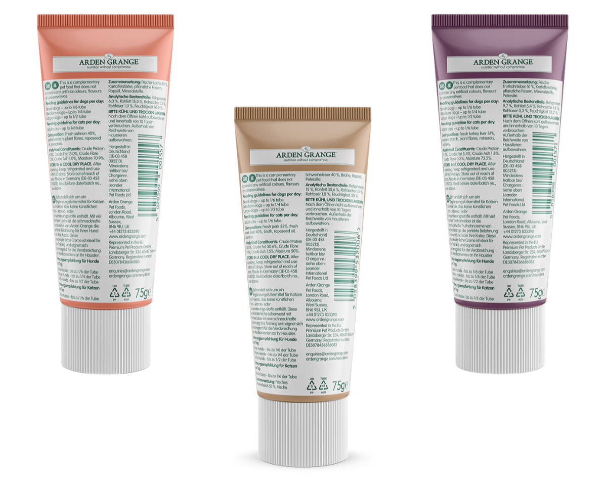 Three Arden Grange pet food tubes on a white background