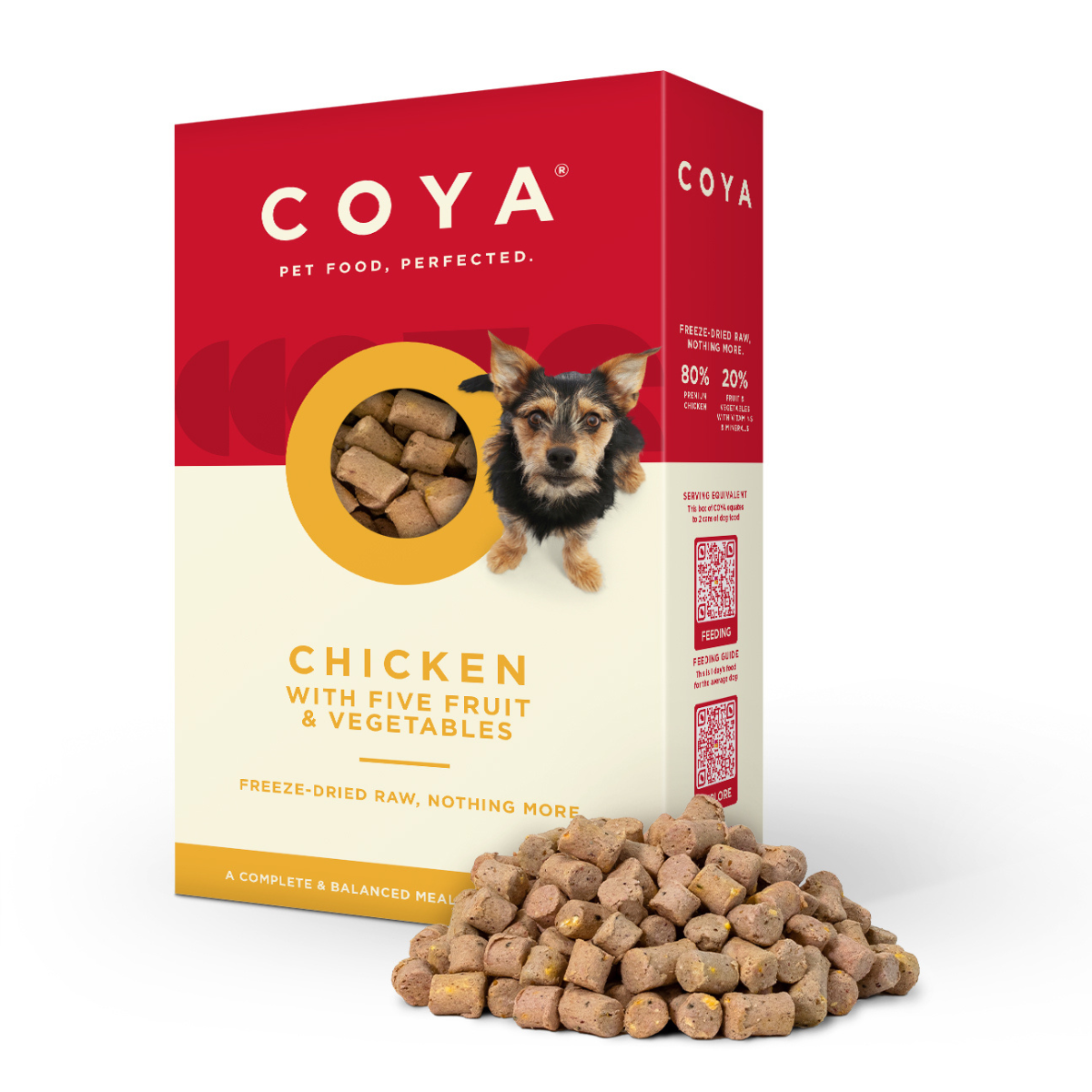 A collection of COYA brand dog food packages in various flavors including chicken, turkey, beef, fish, and pork. The packaging is colorful with images of the food and dogs on it.
