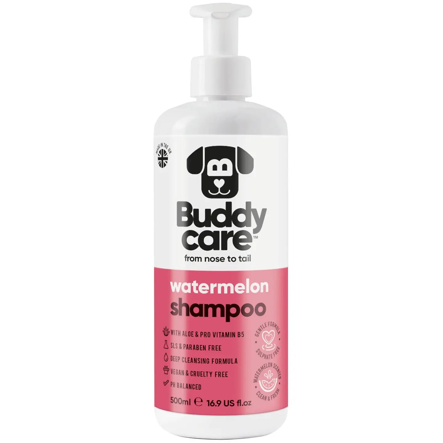 Buddycare Watermelon Dog Shampoo โ fruity scented dog shampoo with Aloe Vera and Pro Vitamin B5, free from SLS and parabens.