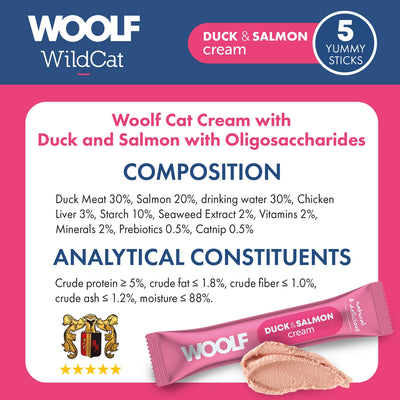 Woolf Wildcat Cream Cat Treats Duck & Salmon 5 x 14g.